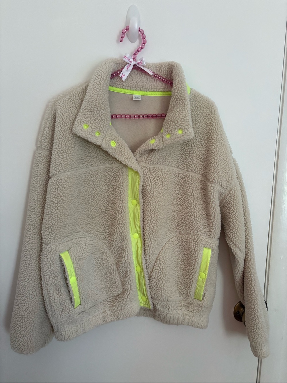 Old Navy Beige Sherpa Jacket with Neon Yellow Trim